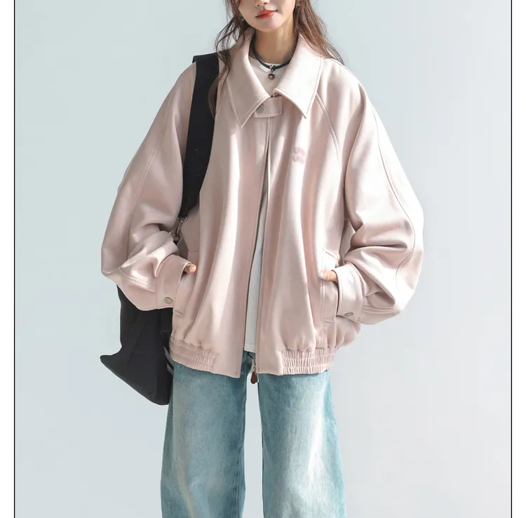 粉色麂皮绒翻领外套女2025秋冬新款韩系chic别致字母刺绣宽松夹克