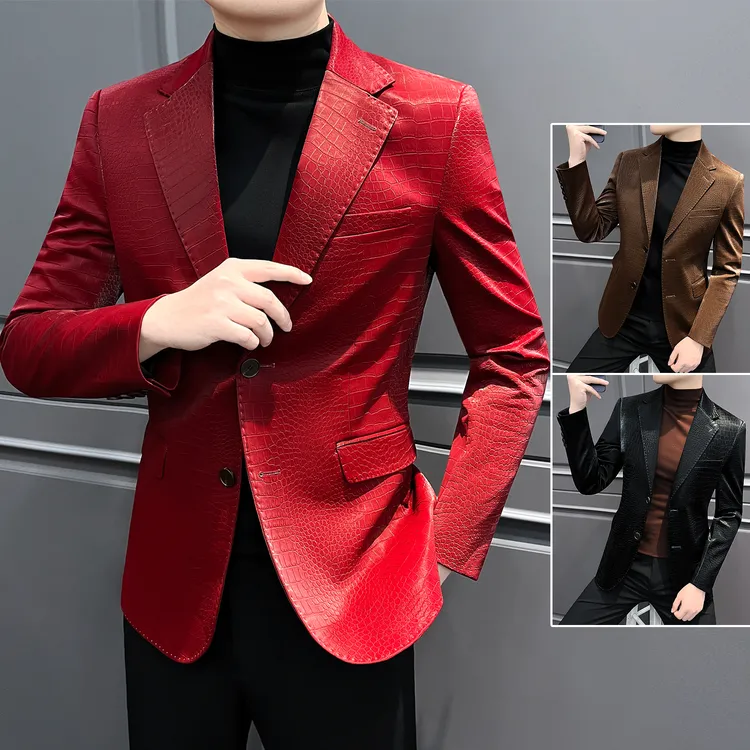 鳄鱼纹休闲西装外套男款爆款2025新款痞帅高级感皮衣潮流男士西服