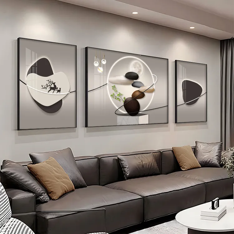 石来运转客厅装饰画轻奢大气沙发背景墙挂画高级感三联组合壁画