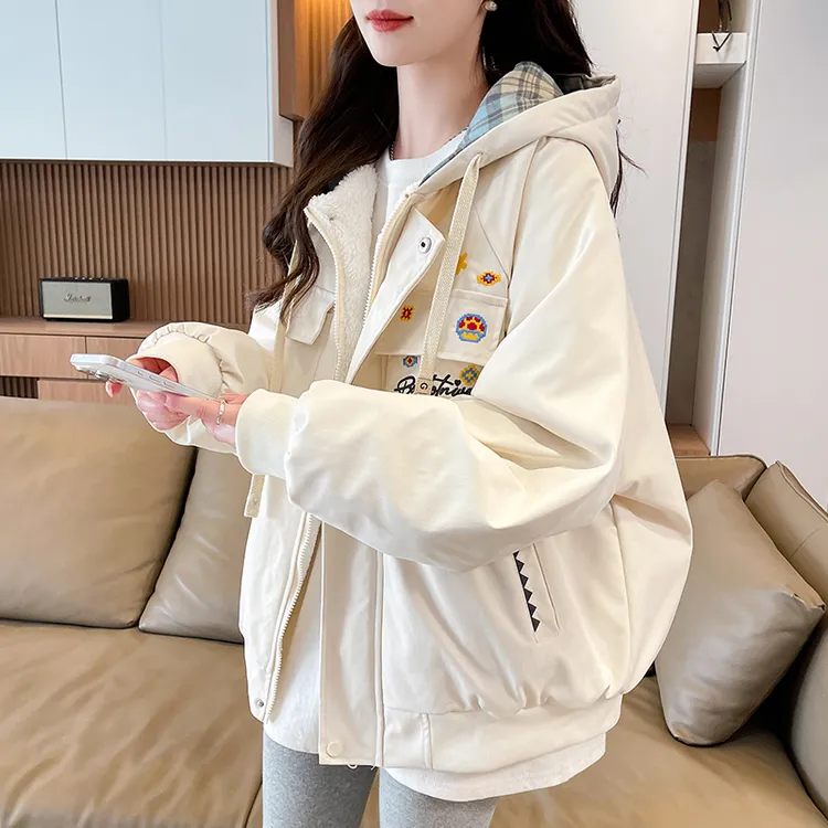 加绒加厚短款连帽外套女夹克上衣秋冬新款初高中学生保暖棉服百搭