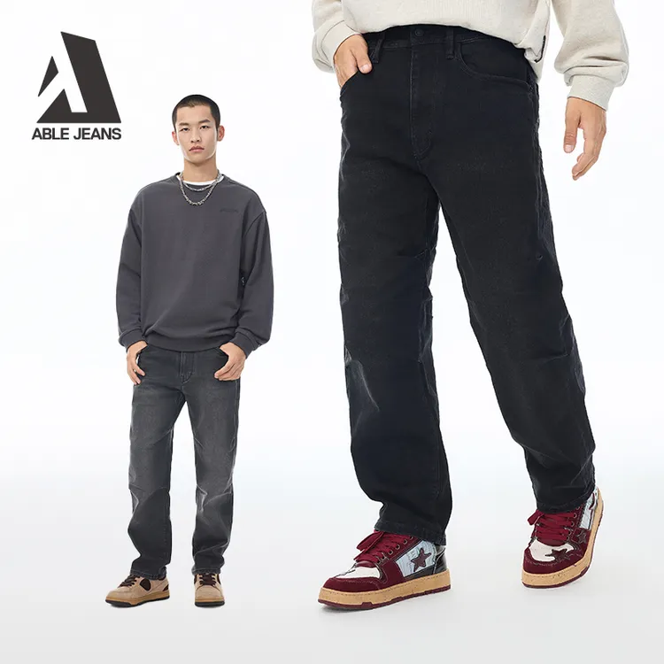 ABLEJEANS【直筒滑板裤】25年新款宽松炭黑色弹力黑色牛仔裤男款