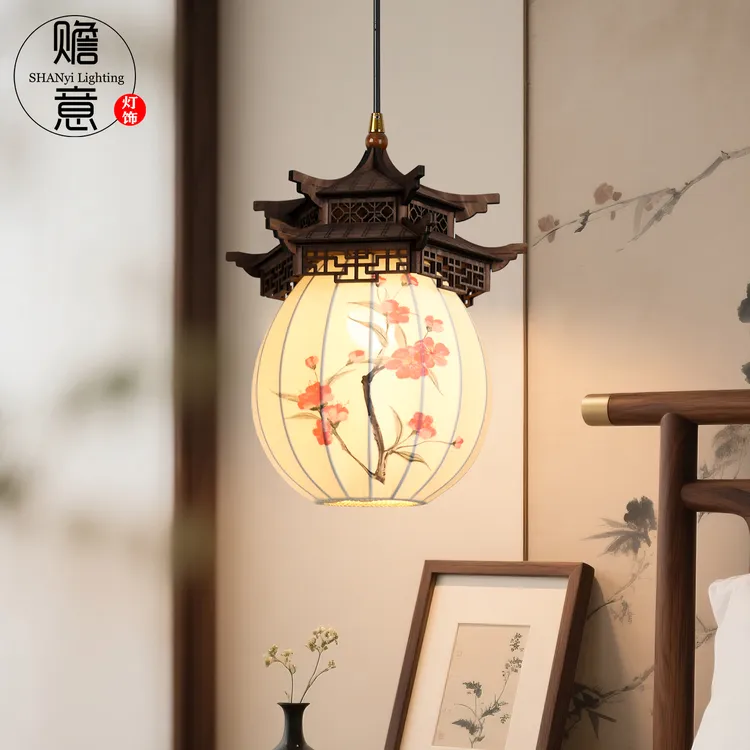 新中式宋代美学禅意茶室布艺仿古建筑房子凉亭玄关灯六角凉亭吊灯