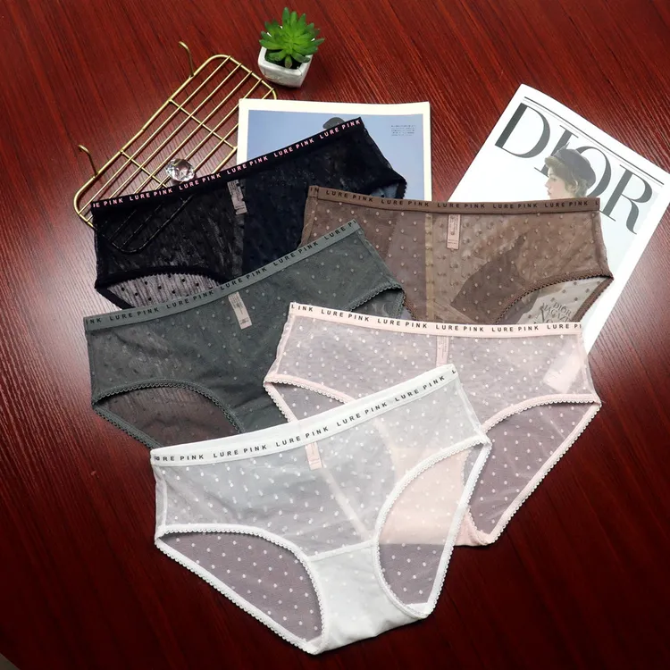 字母腰头轻薄网纱圆点透气女士内裤女蕾丝低腰女式三角裤