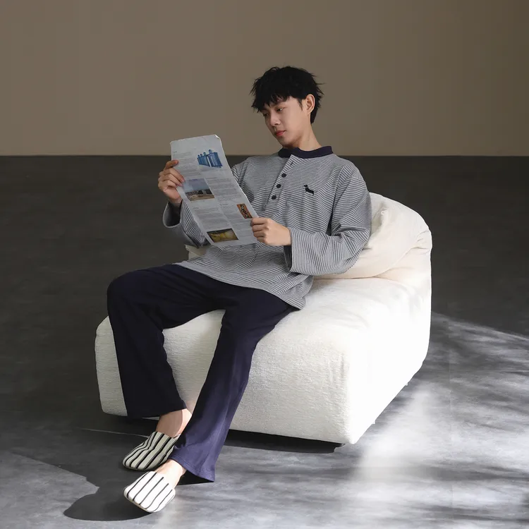 【德绒】美家臣男士睡衣秋冬磨毛加厚长袖套装简约条纹可外穿家居服