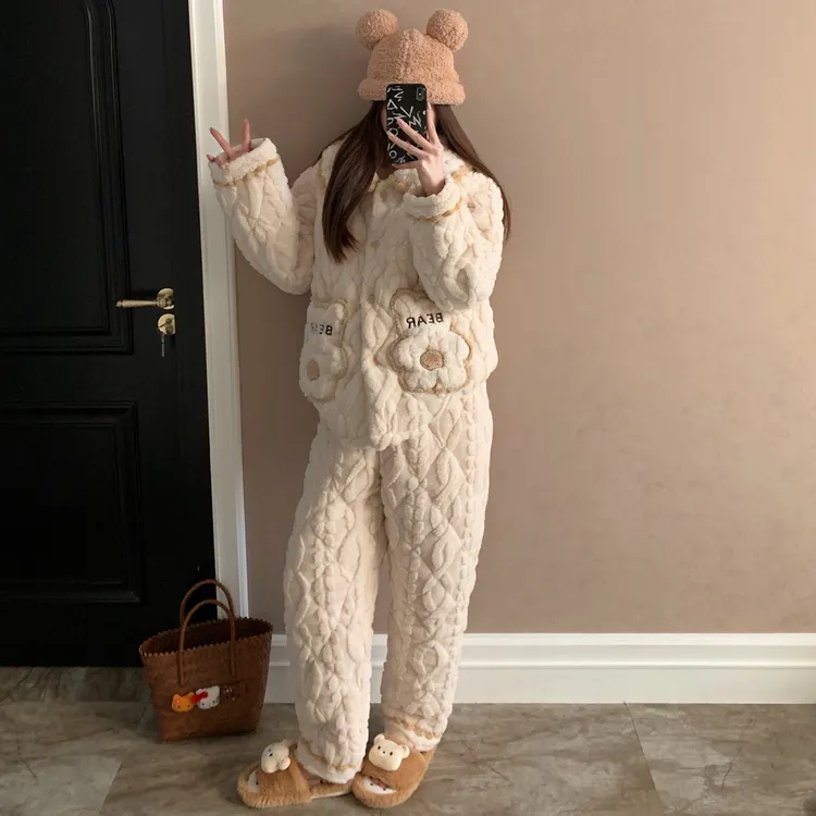 湖南省省服睡衣女款秋冬季三层夹棉加厚可爱卡通小熊家居服两件套