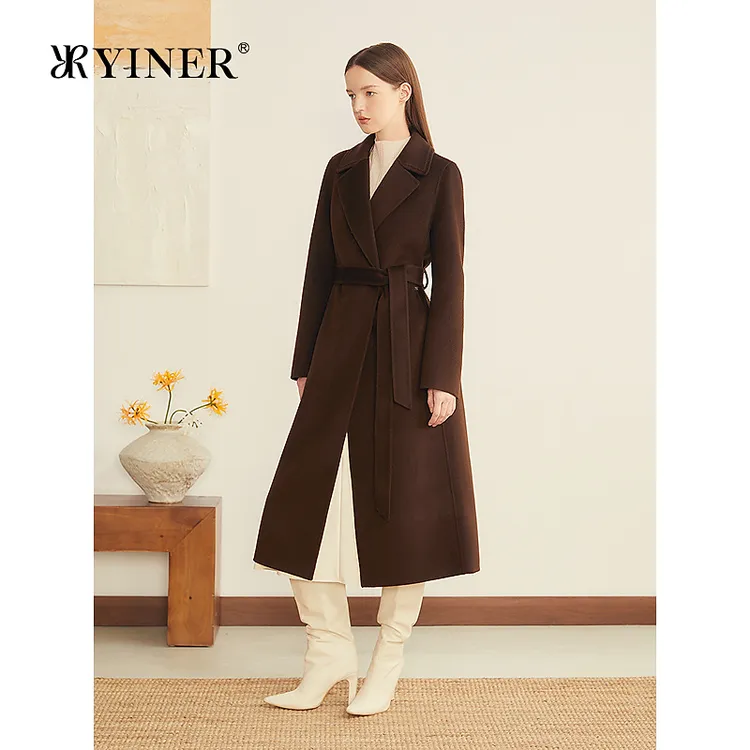 YINER音儿专选2025冬季新款法式利落翻领羊毛羊绒混纺双面呢大衣