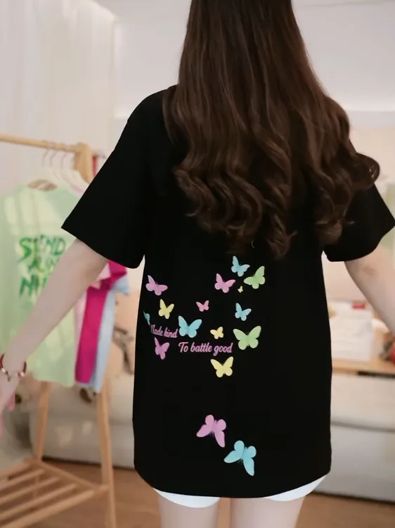 侧面印花蝴蝶纯棉短袖t恤女夏季2025新款设计感小众宽松半袖上衣