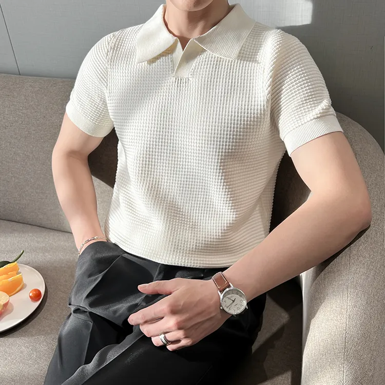 轻熟风夏季纹理感男士翻领t恤短袖时尚休闲针织V领POLO衫修身上衣