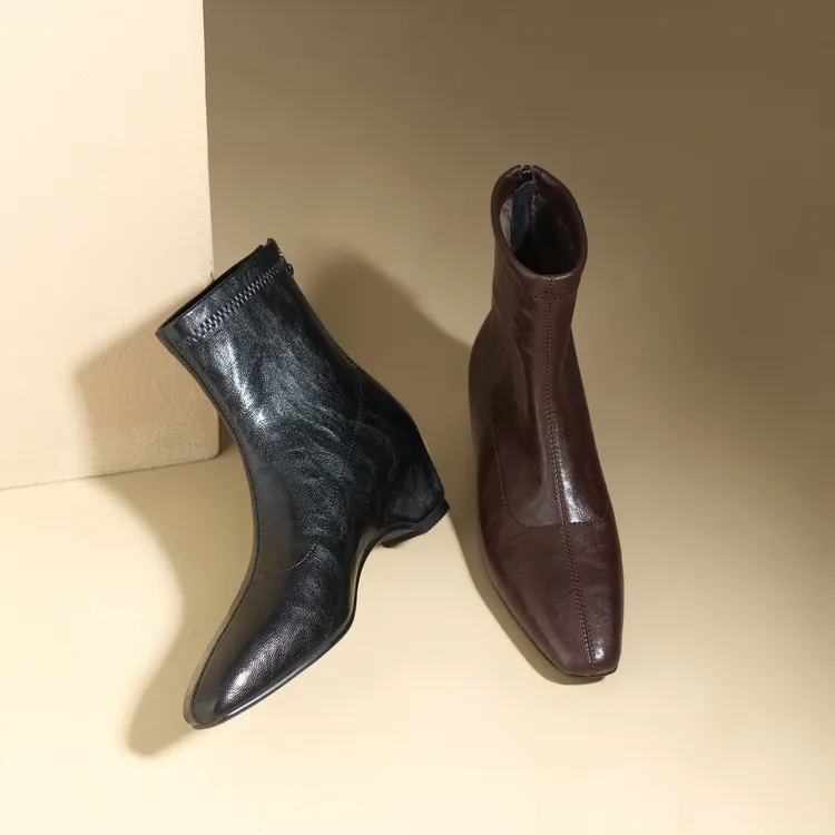 2025秋冬新款头层羊皮5cm坡跟后拉链方尖头短靴女靴短筒HF35-179