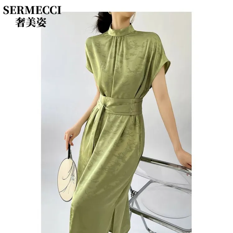 高级感新中式提花连衣裙女2025夏季新款气质长裙高端气质缎面裙子