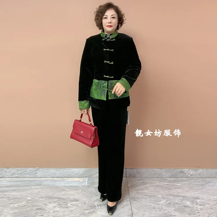 冬季新款妈妈装丝绒复古短款盘扣棉服中老年加厚保暖唐装棉衣外套