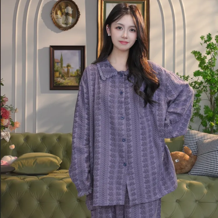 秋季新款纯棉女睡衣印花长袖长裤家居服胖mm孕妈妈翻领双层纱套装