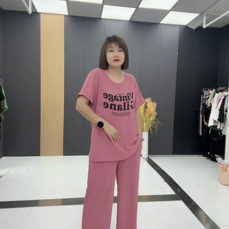 PM8538时尚圆领字母中长款女大码T恤阔腿裤套装