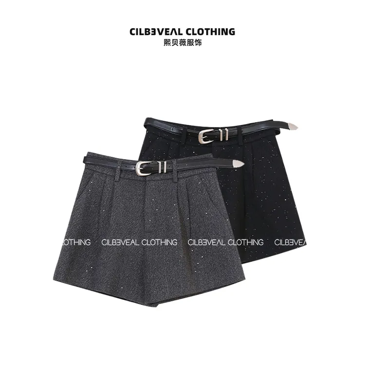 熙贝薇3【亮片短裤】羊毛亮片冬季新款时尚配腰带加厚短裤 G5609