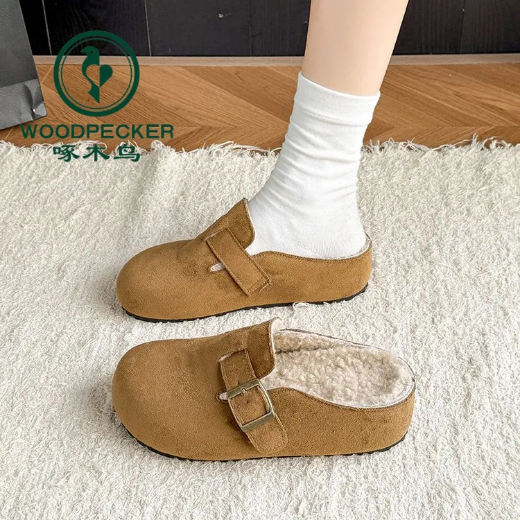 啄木鸟2025秋冬新款加绒保暖防滑穆勒棉拖加绒勃肯鞋包头毛毛拖鞋