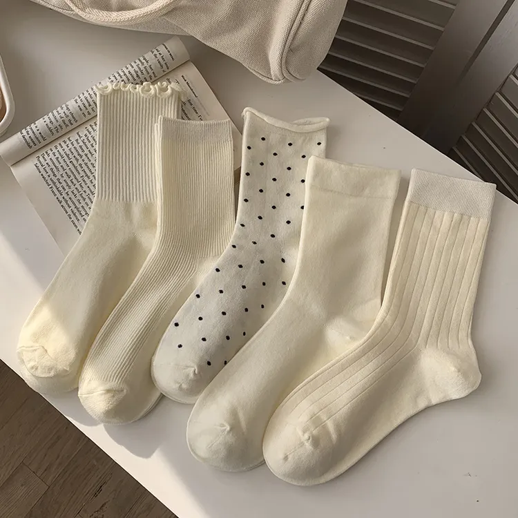 奶白色新疆棉中筒袜春夏百搭纯色堆堆袜长袜韩版波点木耳边月子袜