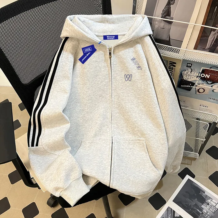 ins潮牌廓形连帽卫衣男秋季hiphop小众痞帅设计感三条杆拉链开衫