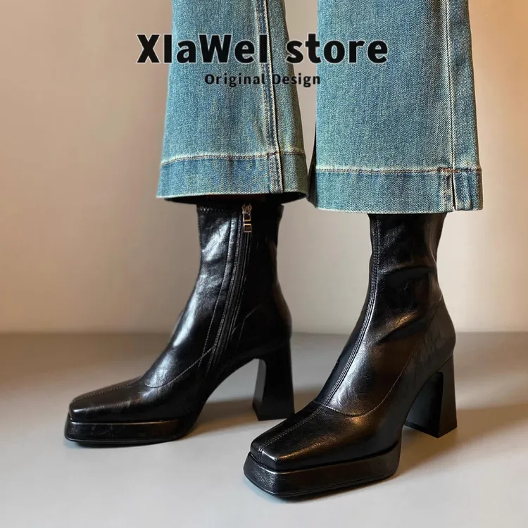 【官网小C&K旗舰店】小众~高跟短靴女秋冬小个子防水台粗跟切尔西