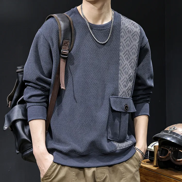 新款潮牌提花拼布口袋卫衣男士秋季2025宽松大码休闲长袖高端衣服