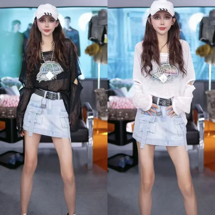 星宝原创设计感微透感牛仔贴花防晒罩衫辣妹长袖t恤空调衫上衣潮