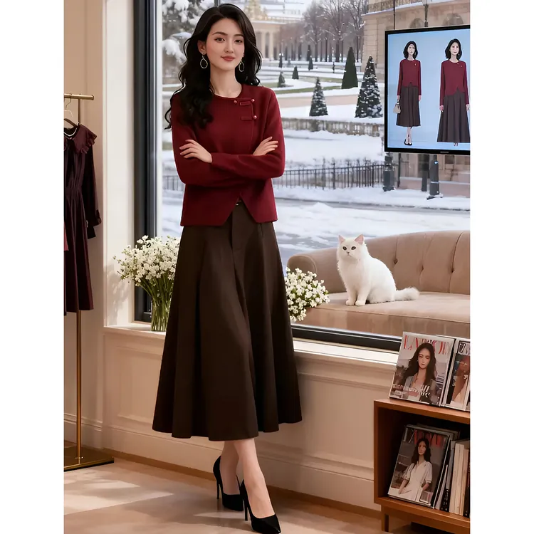 2026春秋新款洋气不规则新中式盘扣针织衫上衣女气质半身裙两件套
