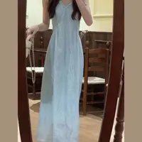 【现货+运补】蓝色格纹抹胸吊带挂脖连衣裙夏季度假风沙滩长裙4552