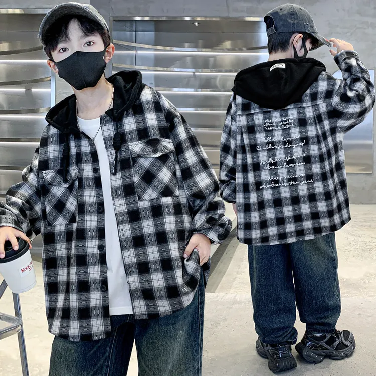 男童秋装衬衫外套春秋款2025新款中大童男孩秋季连帽上衣格子衬衣