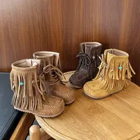 23-36秋季废土风女童流苏棕色复古中筒儿童单靴子公主平底靴H668