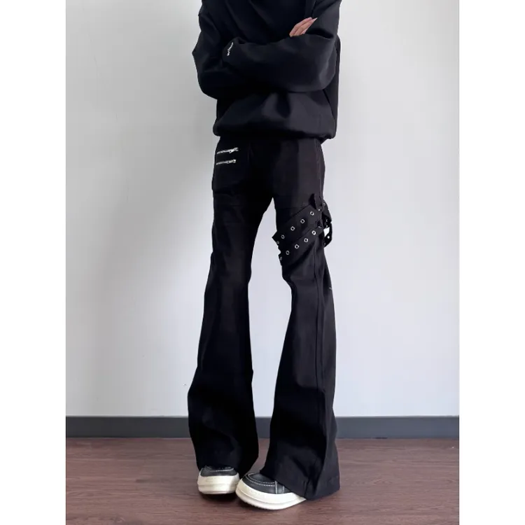 美式潮流vibe枪套微喇工装裤高街ins潮直筒修身显瘦绑带裤子3339