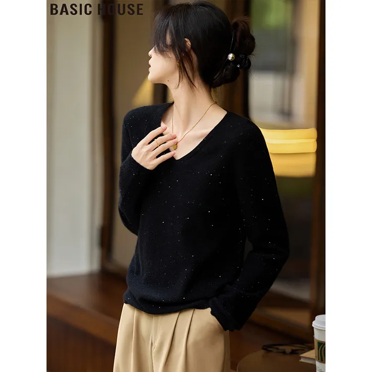 Basic House/百家好内搭绵羊毛针织打底衫黑色v领亮片毛衣女秋季