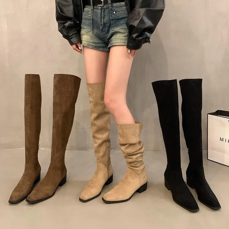 靴子女新款长筒靴骑士靴堆堆靴2025春秋新潮款方粗跟褶皱靴西部牛