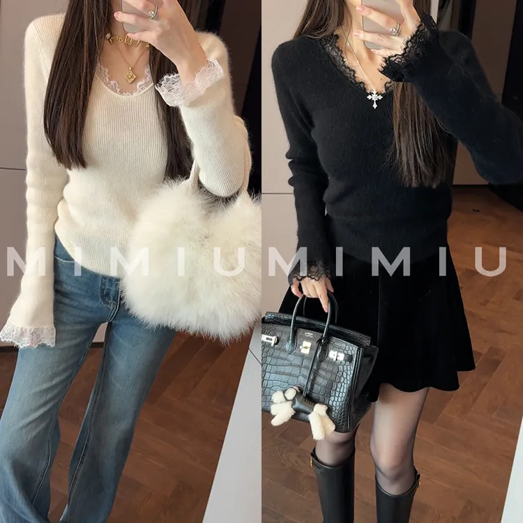 【mimius】U 羊毛羊绒拉绒纯欲蕾丝拼接打底毛衣/不可机洗 WG10013