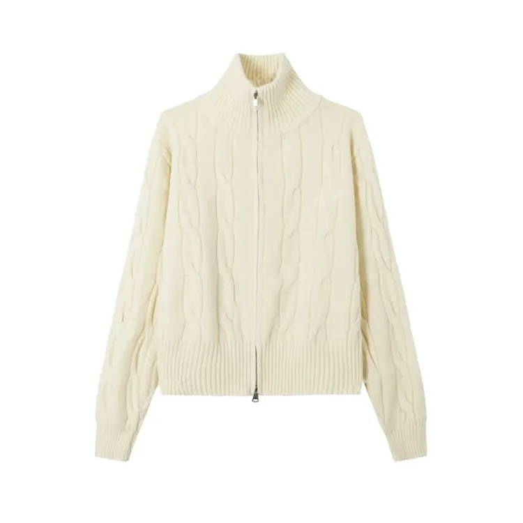 5079秋冬纯色高领开衫毛衣女针织短款麻花加厚外套