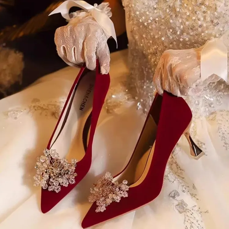 2025新款结婚鞋婚纱两穿敬酒不累脚婚宴细高跟红色中式秀禾新娘鞋