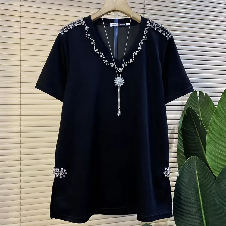 D欧货时尚新款重工V领设计款气质显瘦短袖上衣