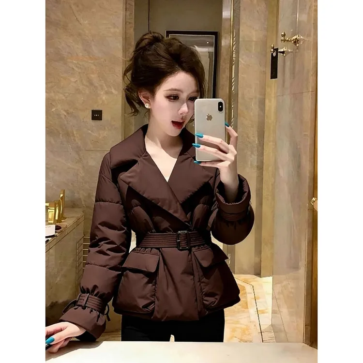 保暖棉服女款2025新款冬超好看轻奢高端气质收腰加厚咖色夹棉外套