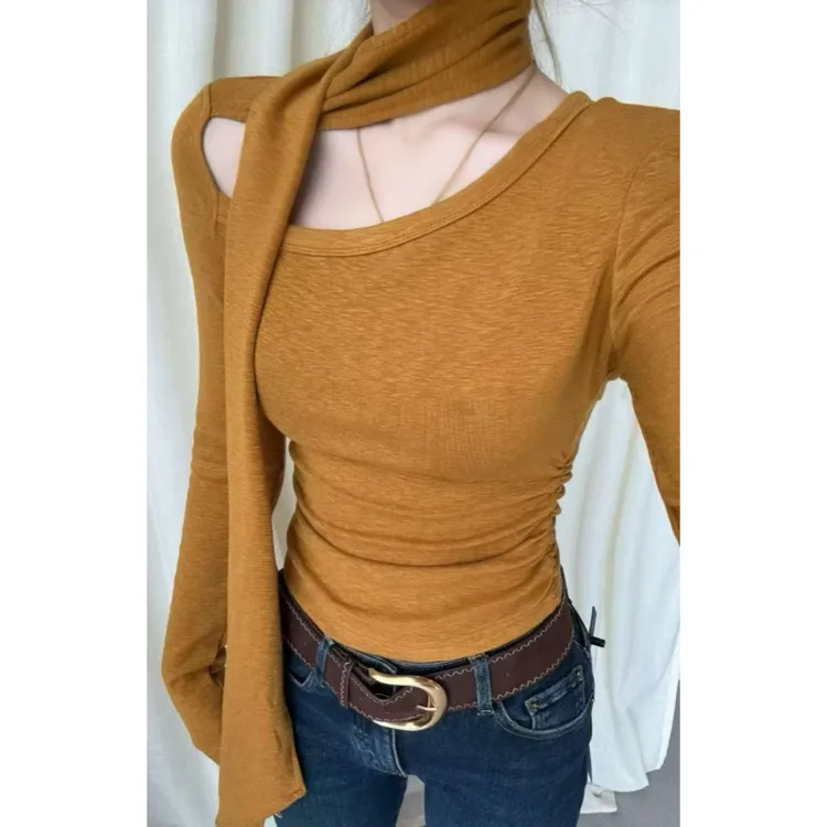 2025秋冬新款加绒斜领飘带长袖打底衫女内搭修身皱褶收腰百搭上衣