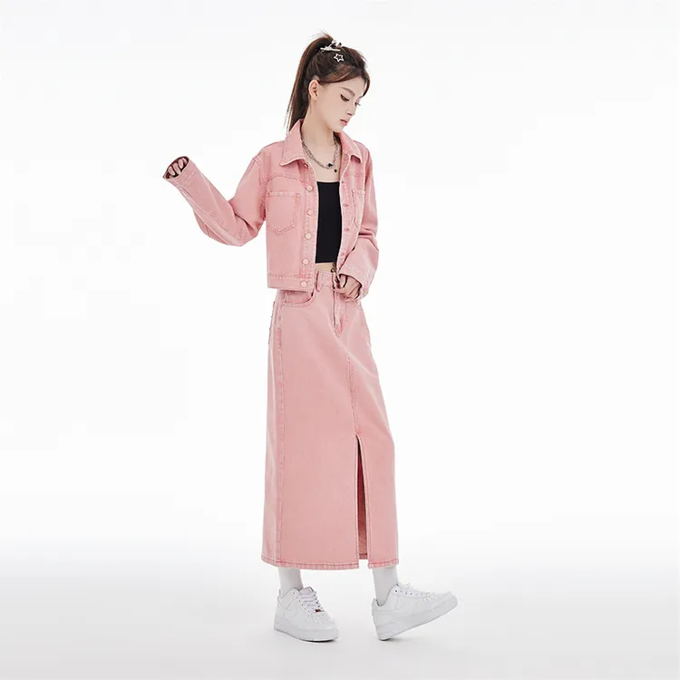 显瘦百搭牛仔两件套2023年秋季新款开叉半身裙+牛仔夹克短外套