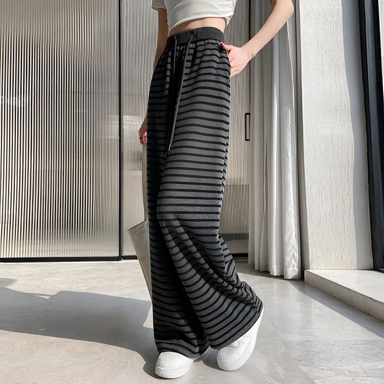 新款时尚复古条纹阔腿裤女松紧腰抽绳高腰显瘦直筒休闲裤