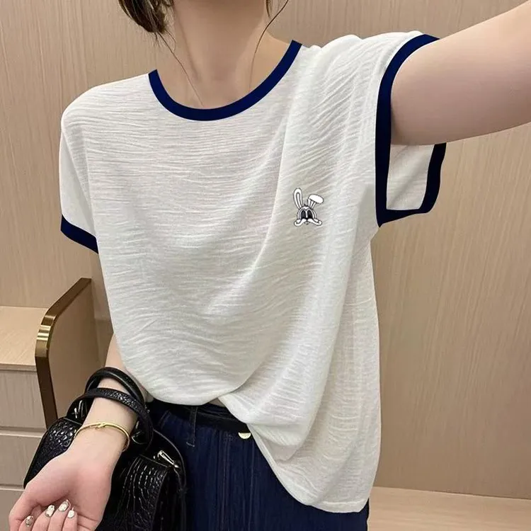 夏季新款竹节纯棉女士t恤短袖2025正肩减龄通勤上衣宽松韩版小衫