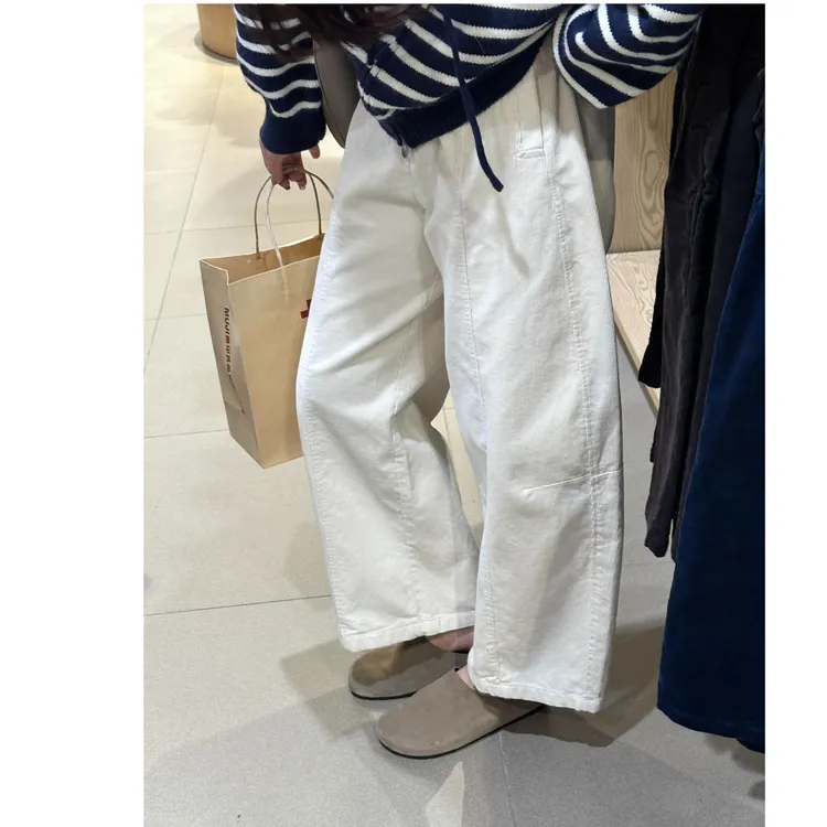 秋冬新款加绒灯芯绒中线弧休闲裤大码女装微胖mm高腰显瘦弯刀裤