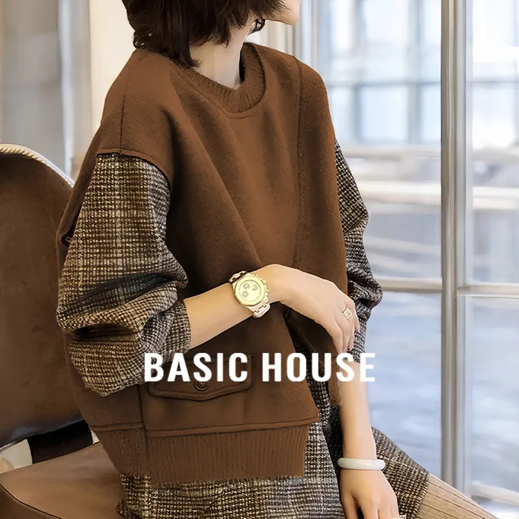 Basic House/百家好格子拼接圆领卫衣女秋季假两件中长款套头上衣