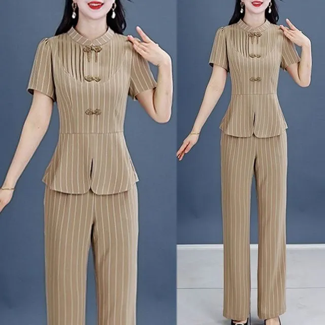 2025夏季新款气质显瘦国风盘扣时尚条纹短袖上衣微喇叭裤两件套女