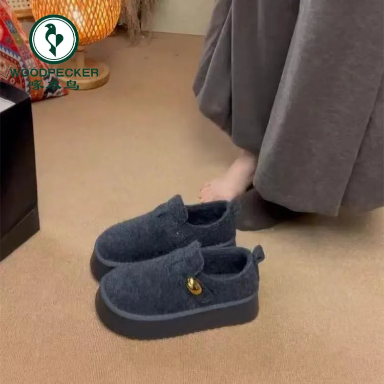 啄木鸟小个子厚底勃肯鞋一脚蹬深口加绒保暖休闲外穿百搭乐福鞋女