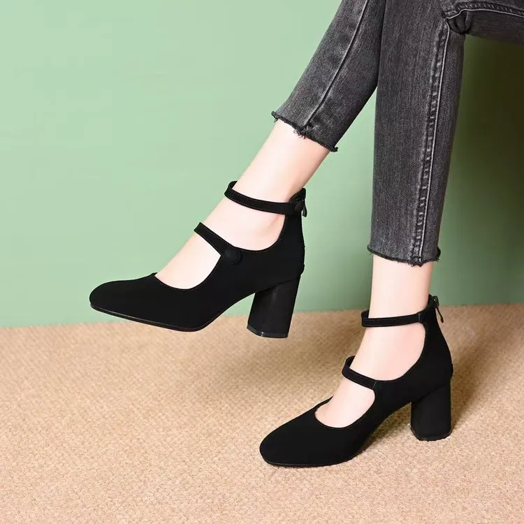 复古玛丽珍女鞋2025春夏季新款浅口中粗跟法式单鞋女一字扣高跟鞋