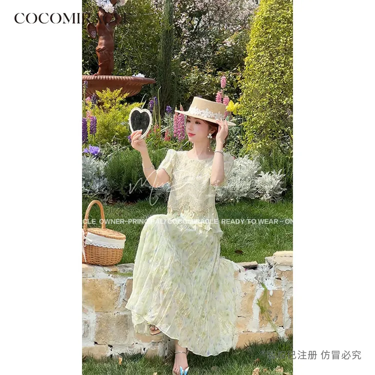 董小姐【塞纳花房】新款印花压褶流苏上衣+显瘦半身裙套装Q51TZ517