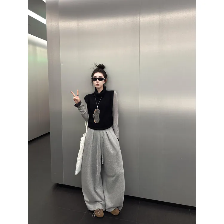 黑色高领套头背心马甲女2025秋季新款灰色打底衫灰色阔腿裤三件套