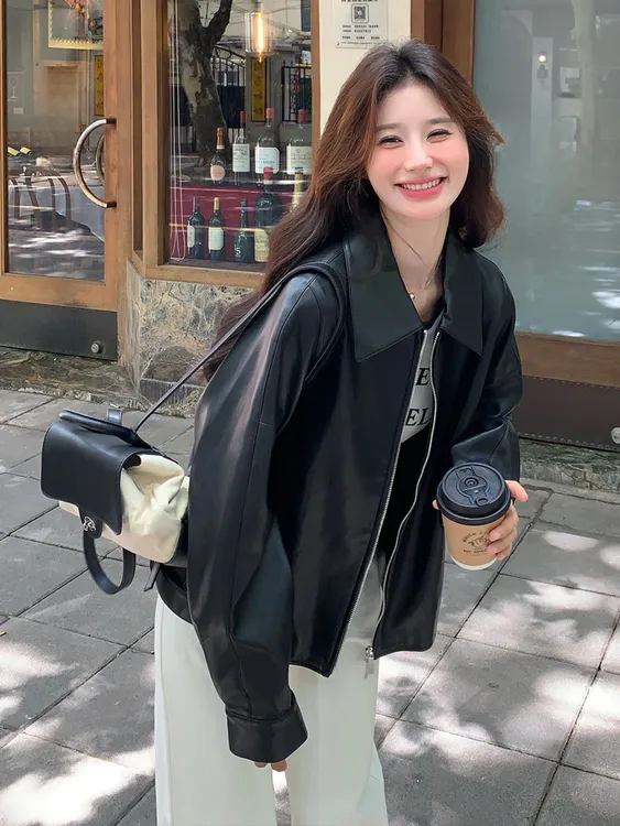 高级感黑色皮衣外套女2025年秋季新款气质小个子宽松显瘦夹克上衣