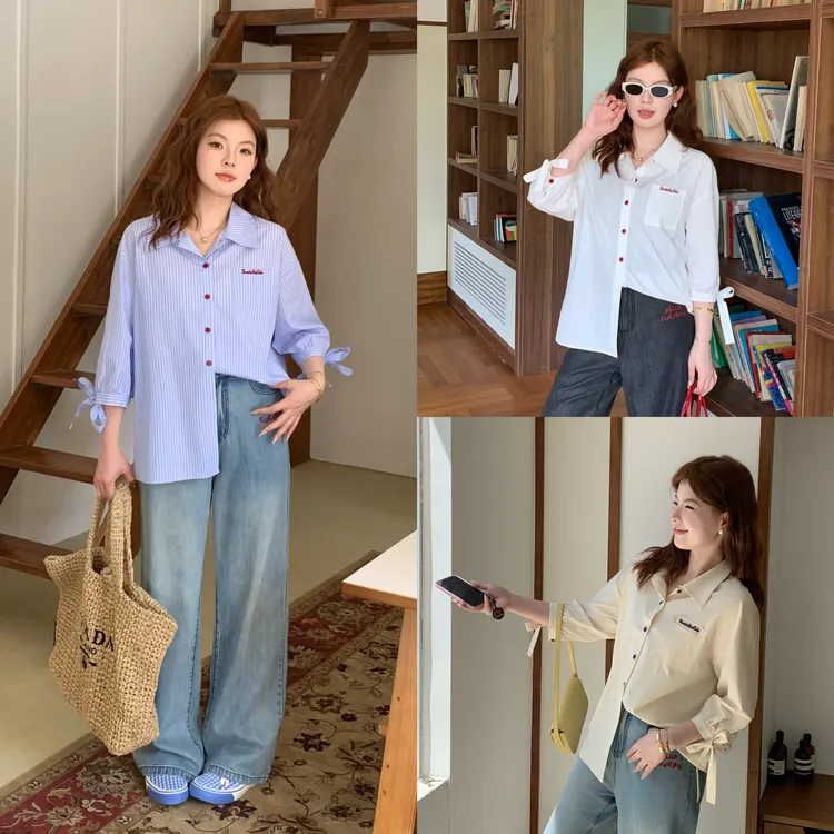 裂渡宣宣【小岛来信】微胖大码女夏气质百搭显瘦刺绣衬衫ZY505F11