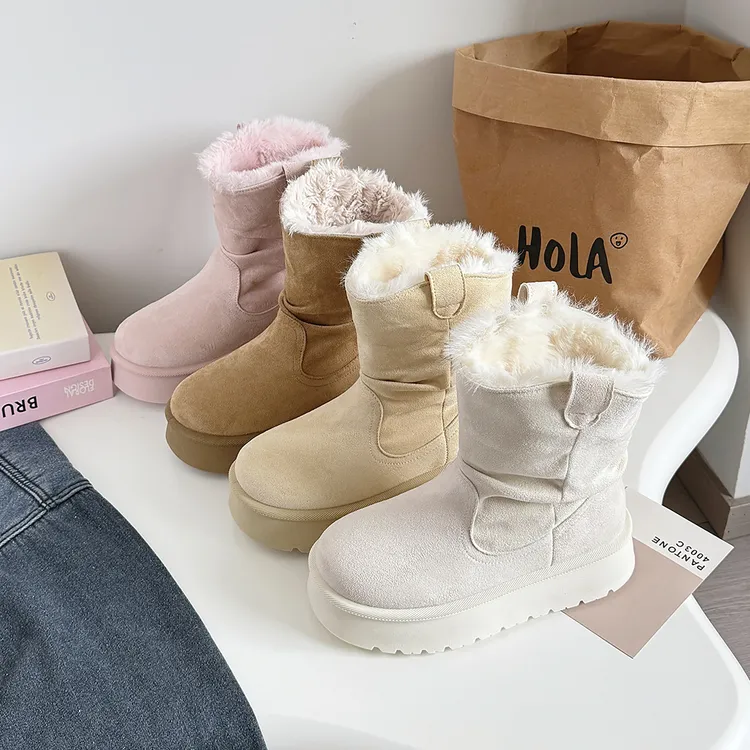 加绒厚底骑士短筒靴子少女鞋女士百搭时尚小个子厚底褶皱堆堆靴